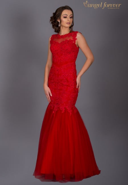Angel Forever Red Fishtail / Mermaid Lace & Tulle Evening Gown